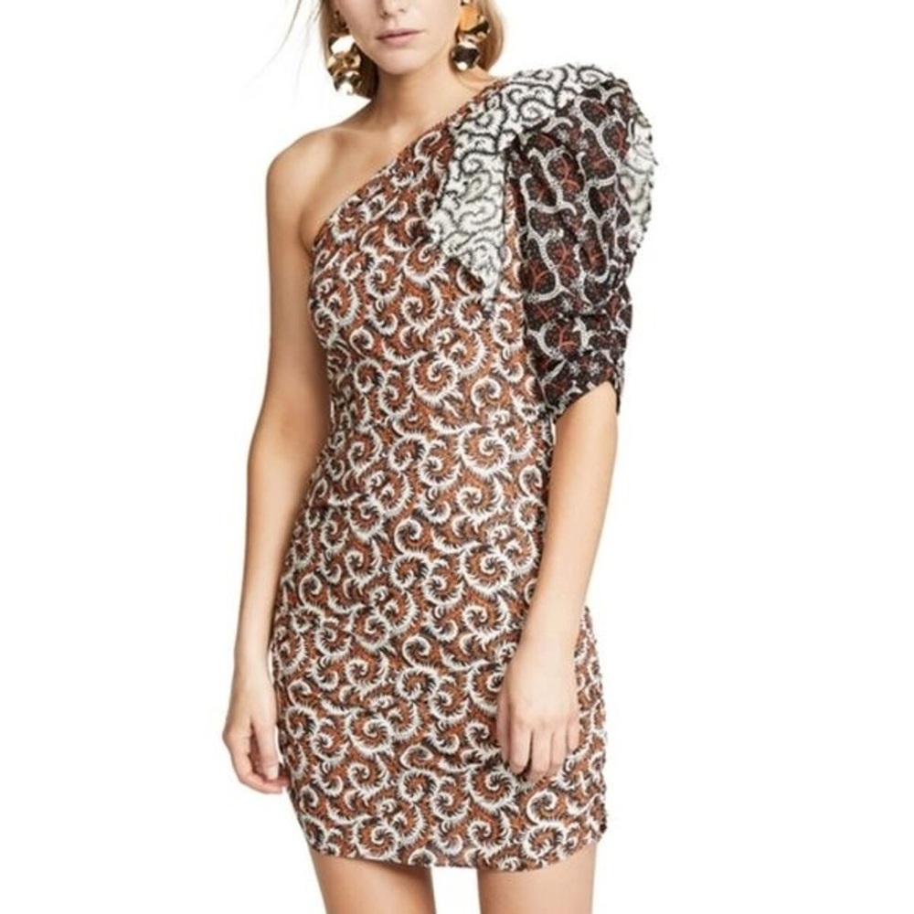 Isabel Marant Etoile Lilia One Shoulder Ruffle Puff Sleeve Ruched Mini Dress 38